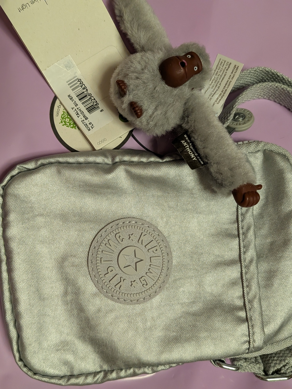 New Wt Kipling Silver Kids Crossbody Bag with Plush Monkey Charm